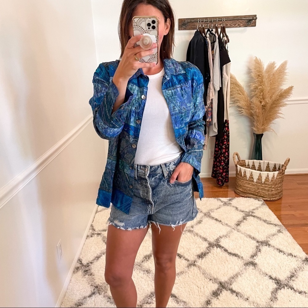 90s Vintage Patchwork Silk Beaded Shirt Jacket S